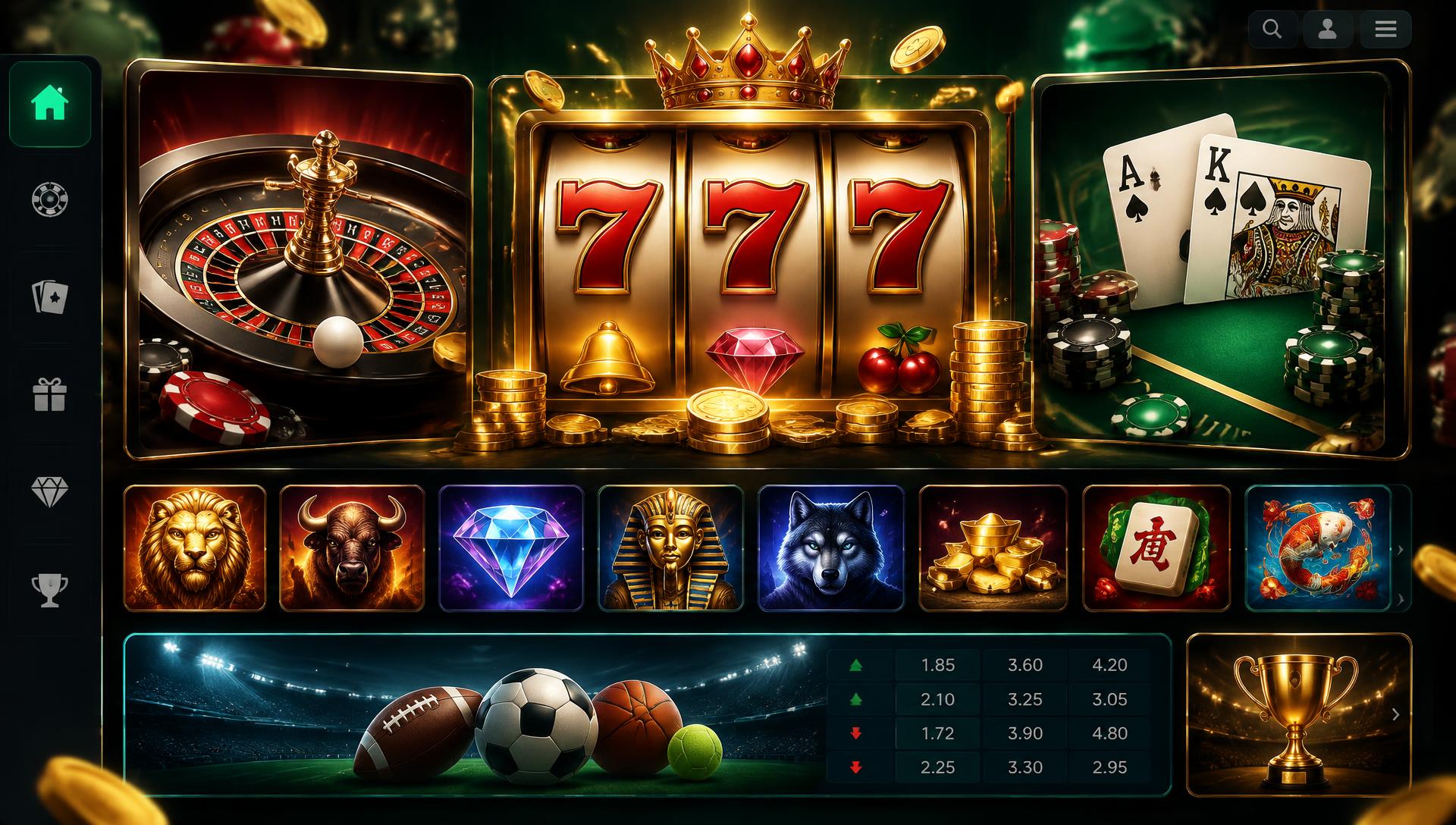 Online casino lobby with digital slots, roulette and card games